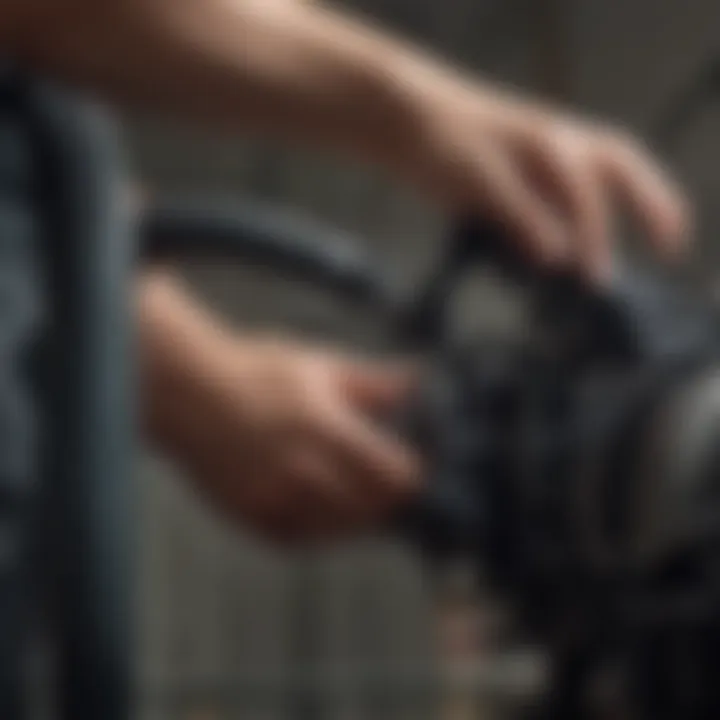 A close-up of a sprayer wand being maintained and cleaned