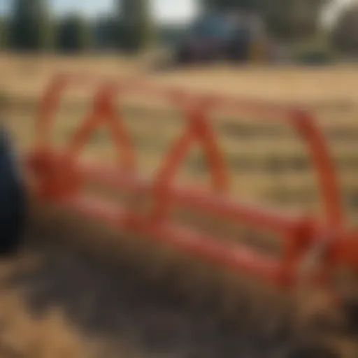 A close-up view of a three point hitch hay rake showcasing its intricate design and robust build.