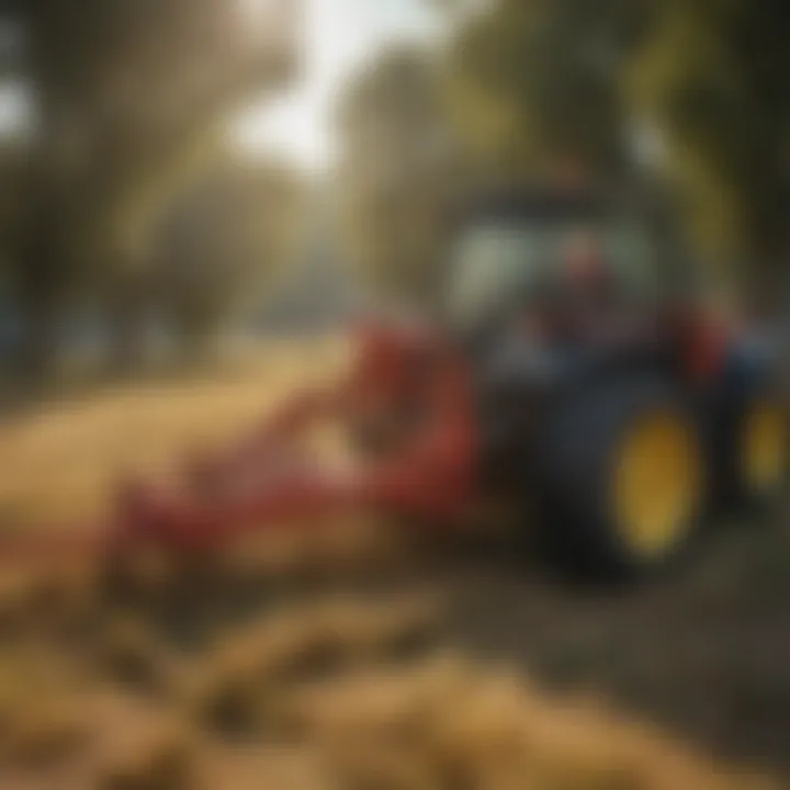 A farmer performing maintenance on a three point hitch hay rake, emphasizing care and upkeep.