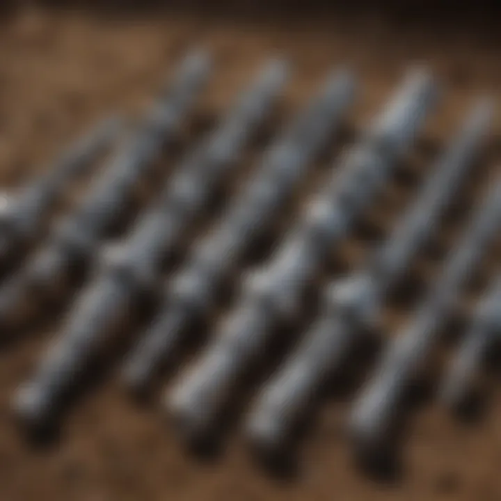 Different types of tractor auger bits displayed together