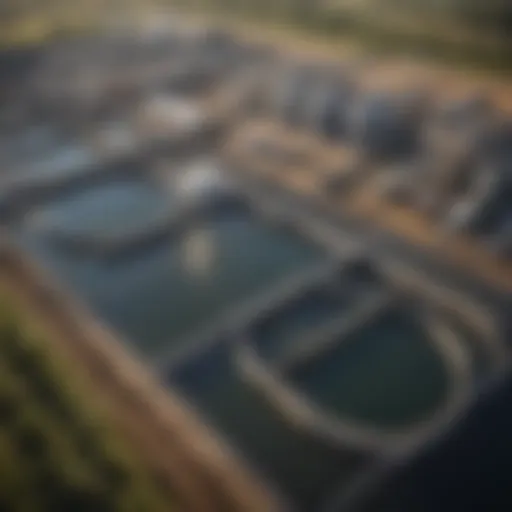 A wide view of a wastewater treatment plant showcasing various treatment stages.