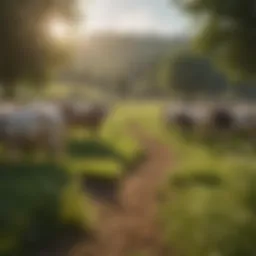 A lush green pasture with grazing animals, showcasing the interaction between livestock and their environment.