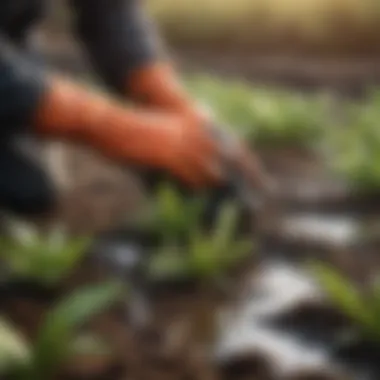 Agricultural worker utilizing waterproof gloves in the field