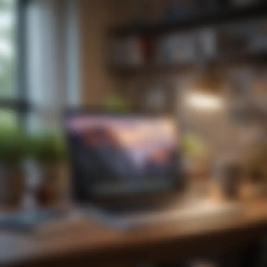 Cozy home office setup with a laptop and coffee